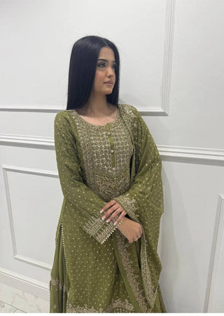 Mehendi Faux Georgette Embroidered Sharara Set with Lace Border Dupatta ClothsVilla