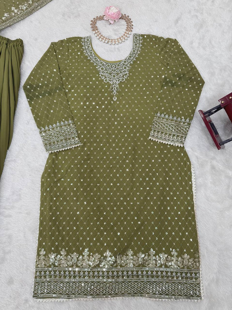 Mehendi Faux Georgette Embroidered Sharara Set with Lace Border Dupatta ClothsVilla