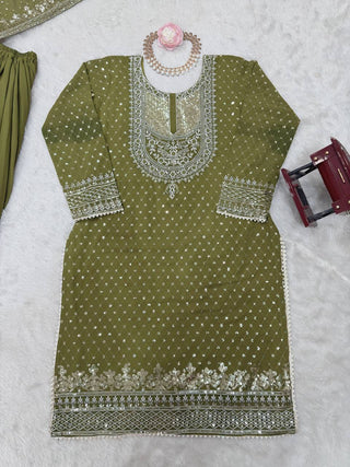 Mehendi Faux Georgette Embroidered Sharara Set with Lace Border Dupatta ClothsVilla