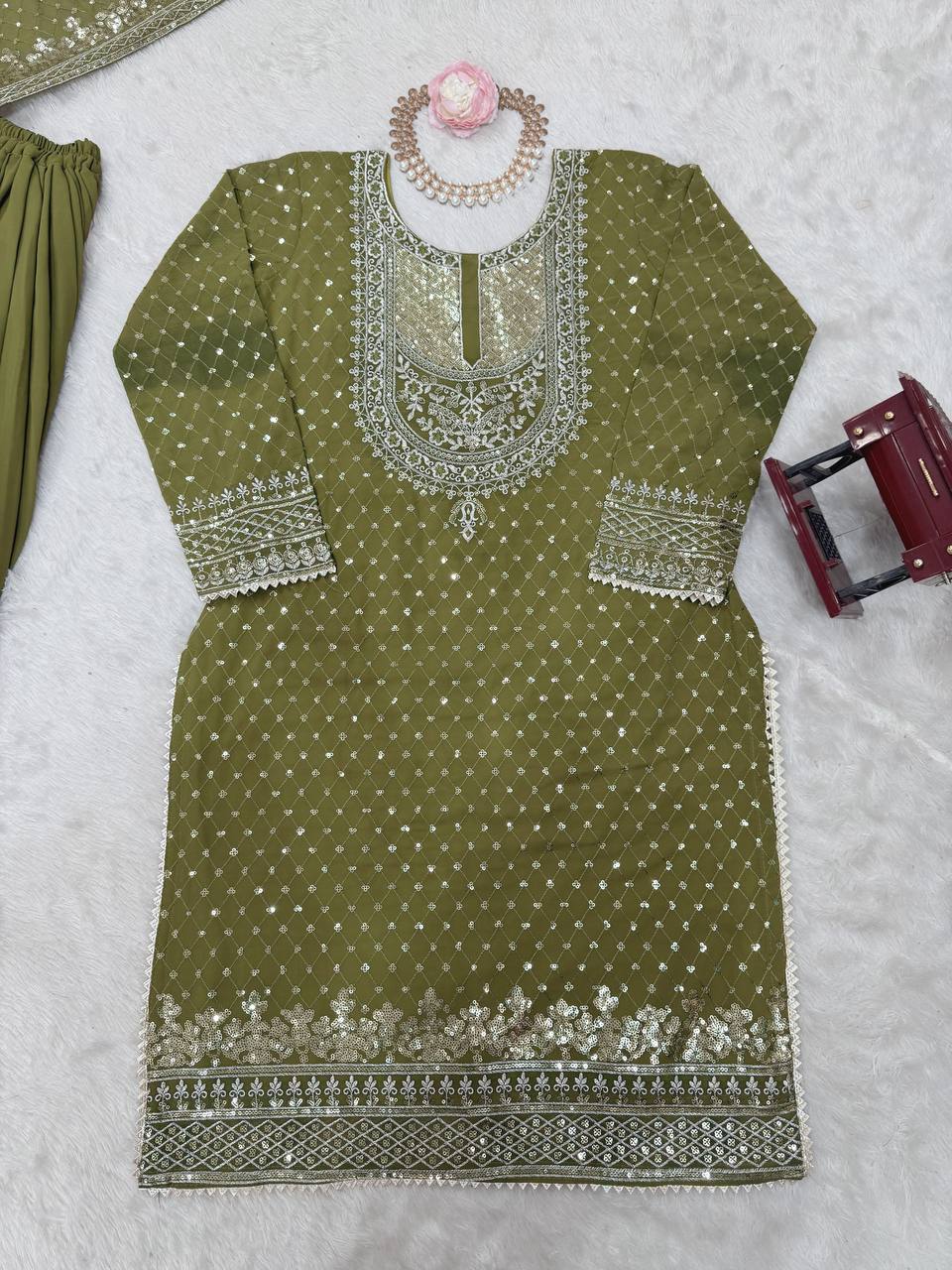 Mehendi Faux Georgette Embroidered Sharara Set with Lace Border Dupatta ClothsVilla