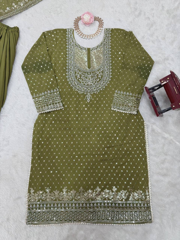 Mehendi Faux Georgette Embroidered Sharara Set with Lace Border Dupatta ClothsVilla