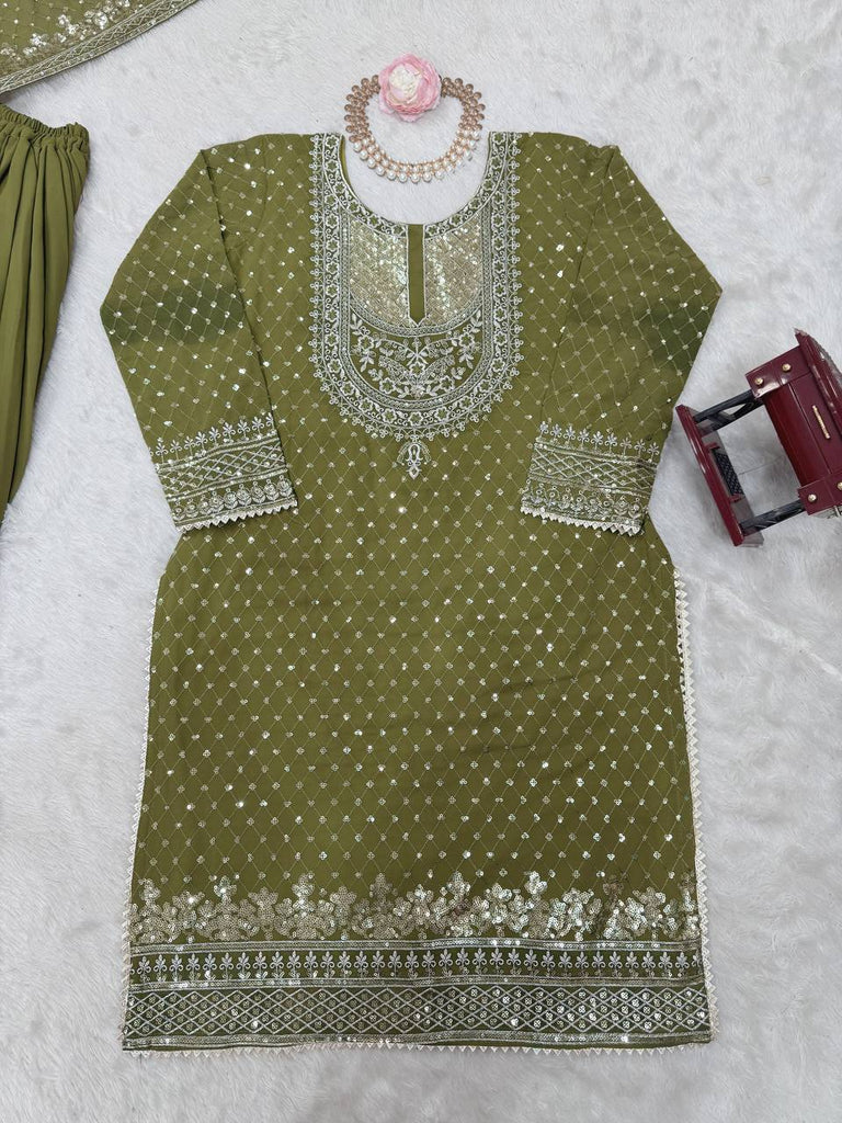 Mehendi Faux Georgette Embroidered Sharara Set with Lace Border Dupatta ClothsVilla