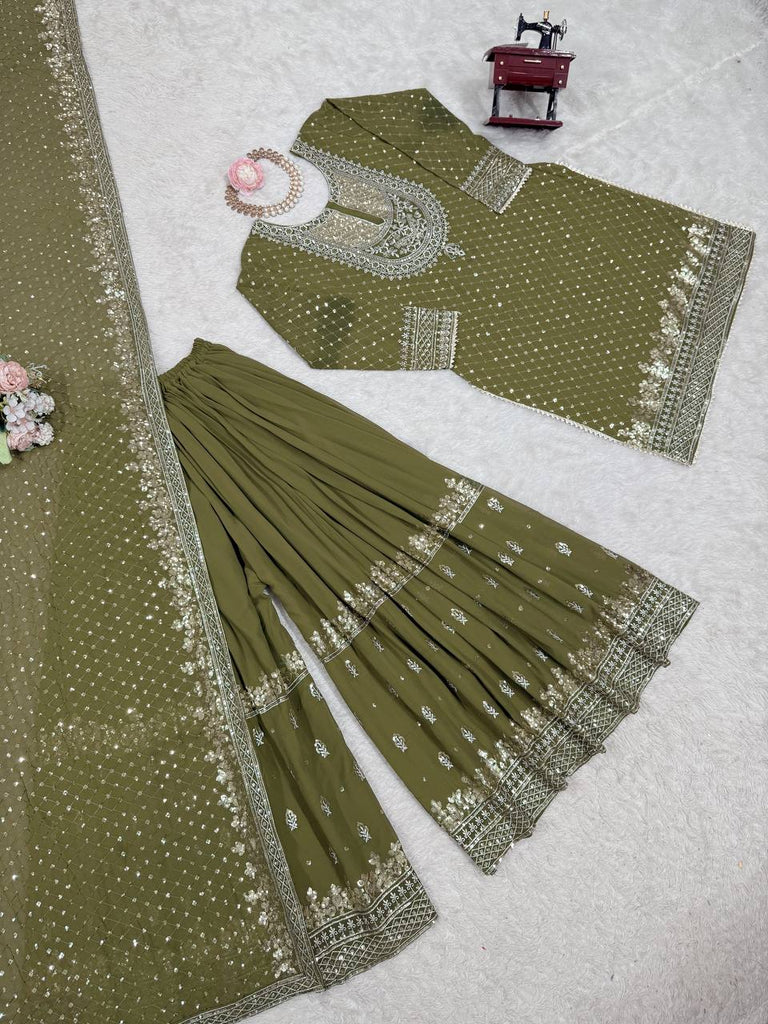 Mehendi Faux Georgette Embroidered Sharara Set with Lace Border Dupatta ClothsVilla