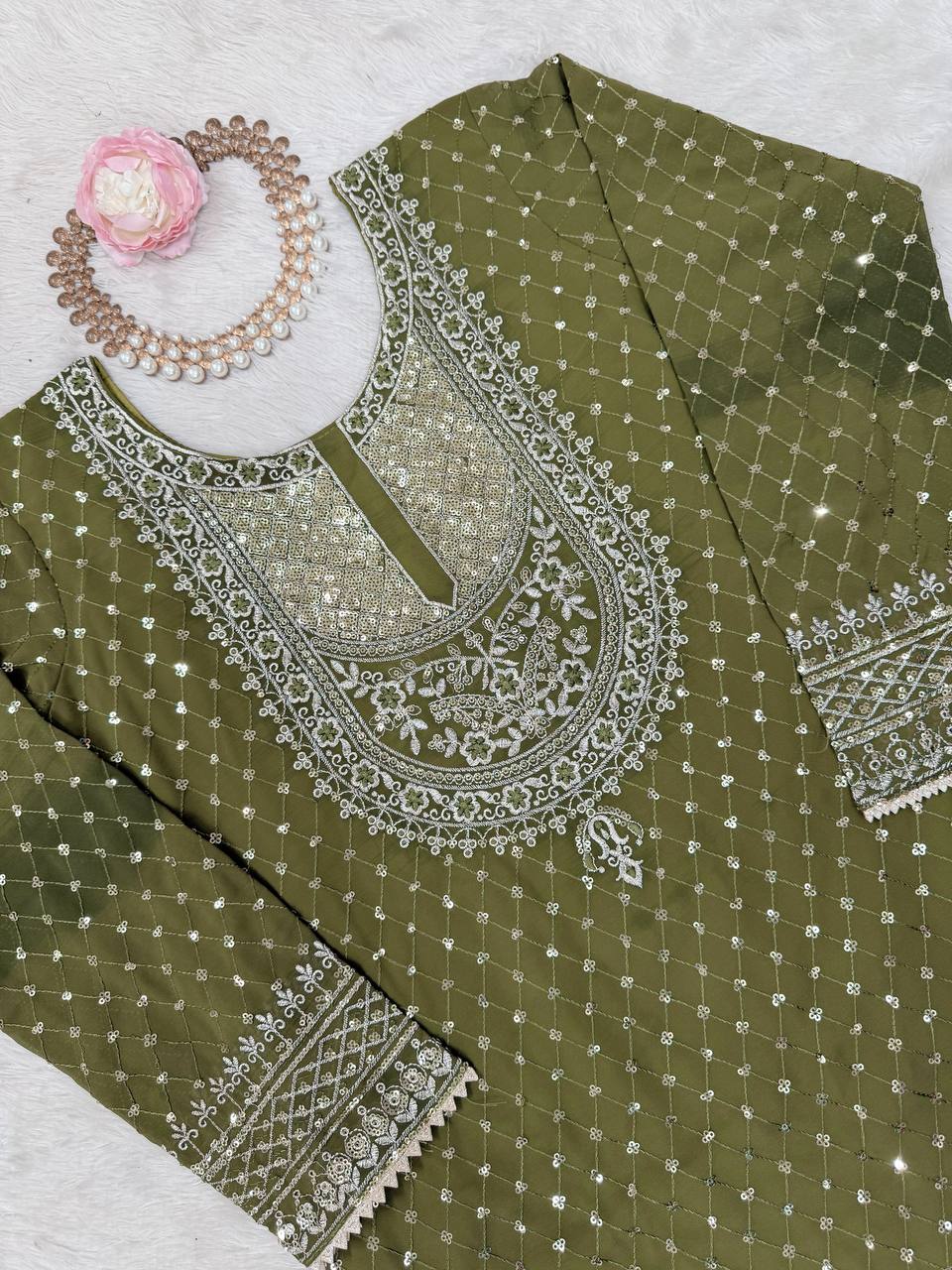 Mehendi Faux Georgette Embroidered Sharara Set with Lace Border Dupatta ClothsVilla