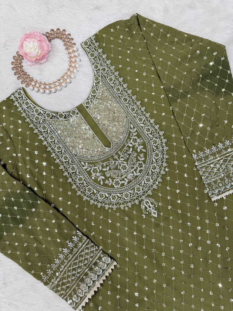 Mehendi Faux Georgette Embroidered Sharara Set with Lace Border Dupatta ClothsVilla