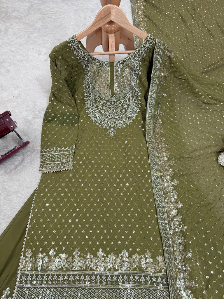 Mehendi Faux Georgette Embroidered Sharara Set with Lace Border Dupatta ClothsVilla