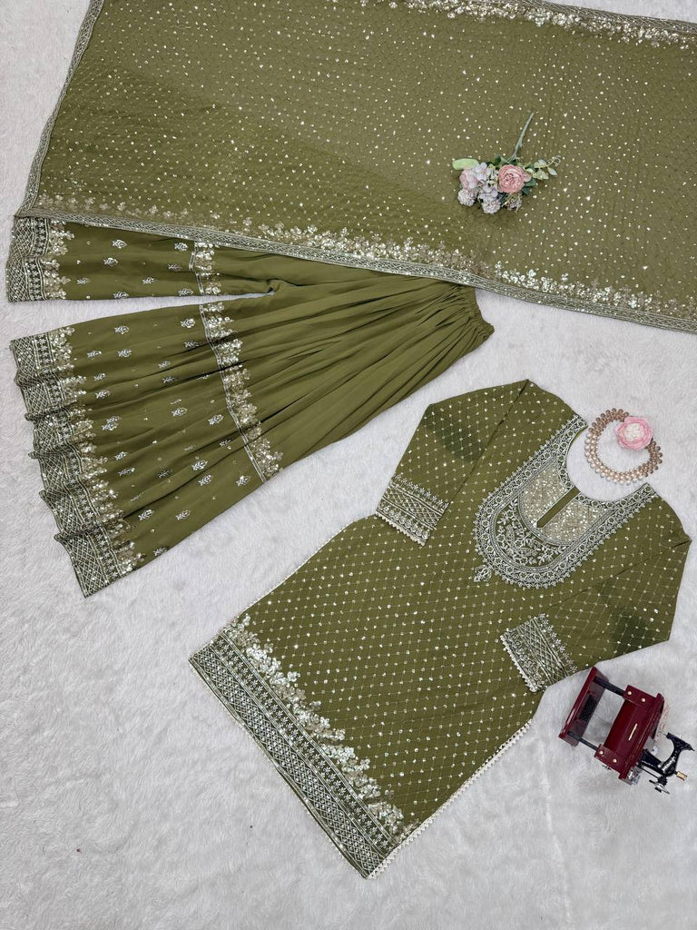 Mehendi Faux Georgette Embroidered Sharara Set with Lace Border Dupatta ClothsVilla