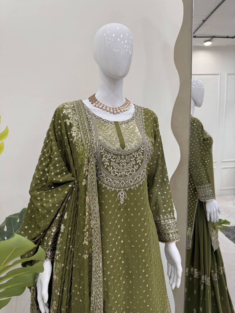 Mehendi Faux Georgette Embroidered Sharara Set with Lace Border Dupatta ClothsVilla