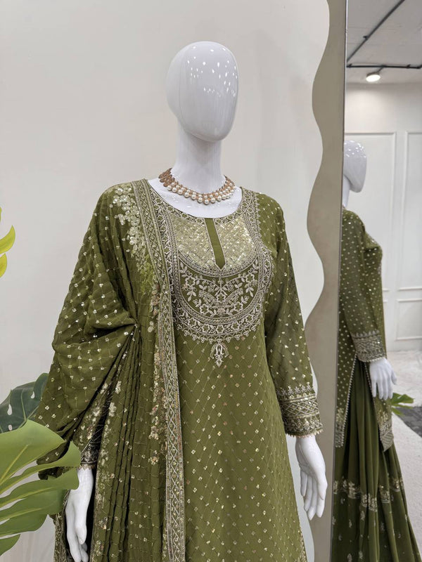 Mehendi Faux Georgette Embroidered Sharara Set with Lace Border Dupatta ClothsVilla