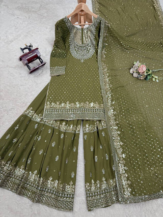 Mehendi Faux Georgette Embroidered Sharara Set with Lace Border Dupatta ClothsVilla