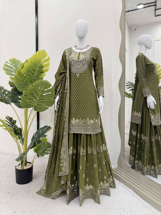 Mehendi Faux Georgette Embroidered Sharara Set with Lace Border Dupatta ClothsVilla