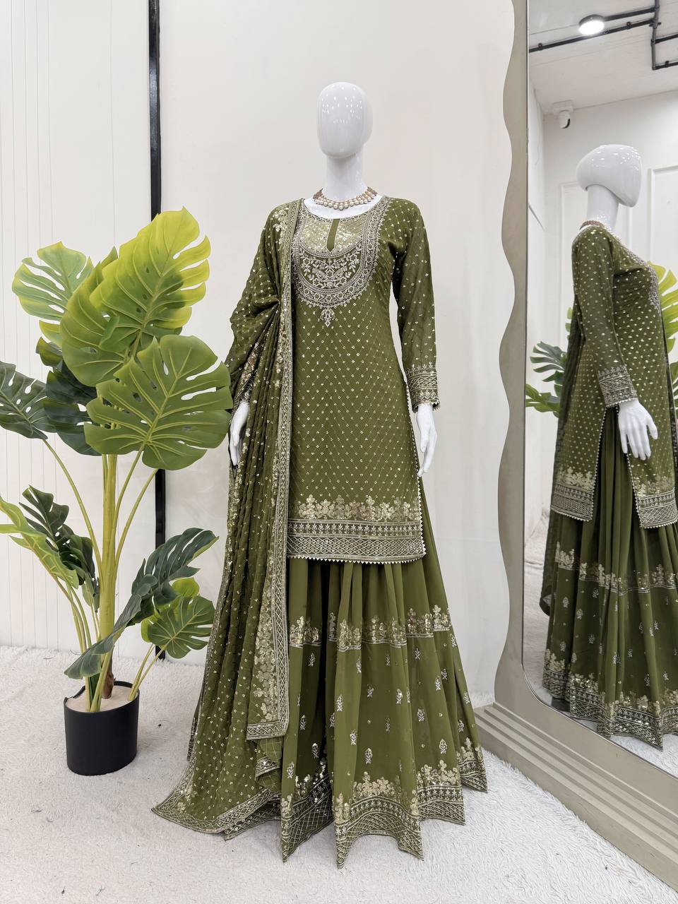 Mehendi Faux Georgette Embroidered Sharara Set with Lace Border Dupatta ClothsVilla