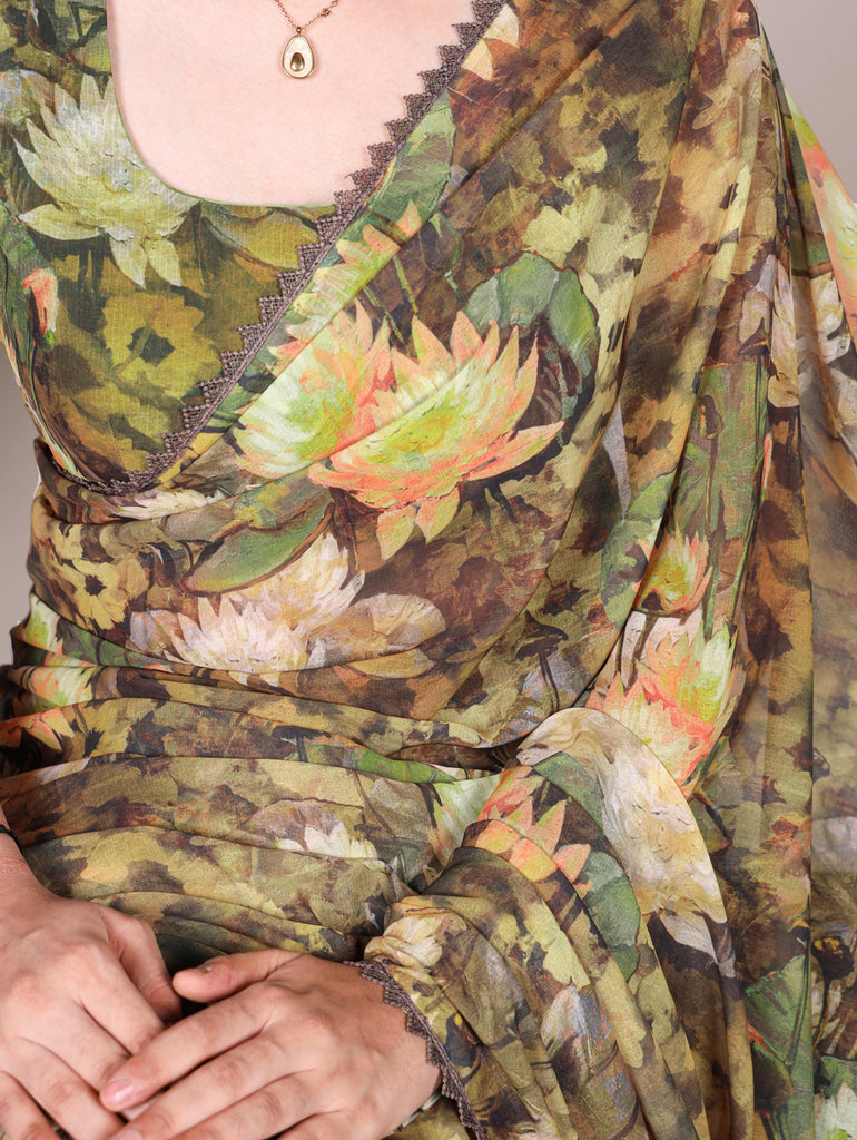 Mehendi Floral Printed Weightless Marble Saree with Lace Border & Matching Blouse ClothsVilla