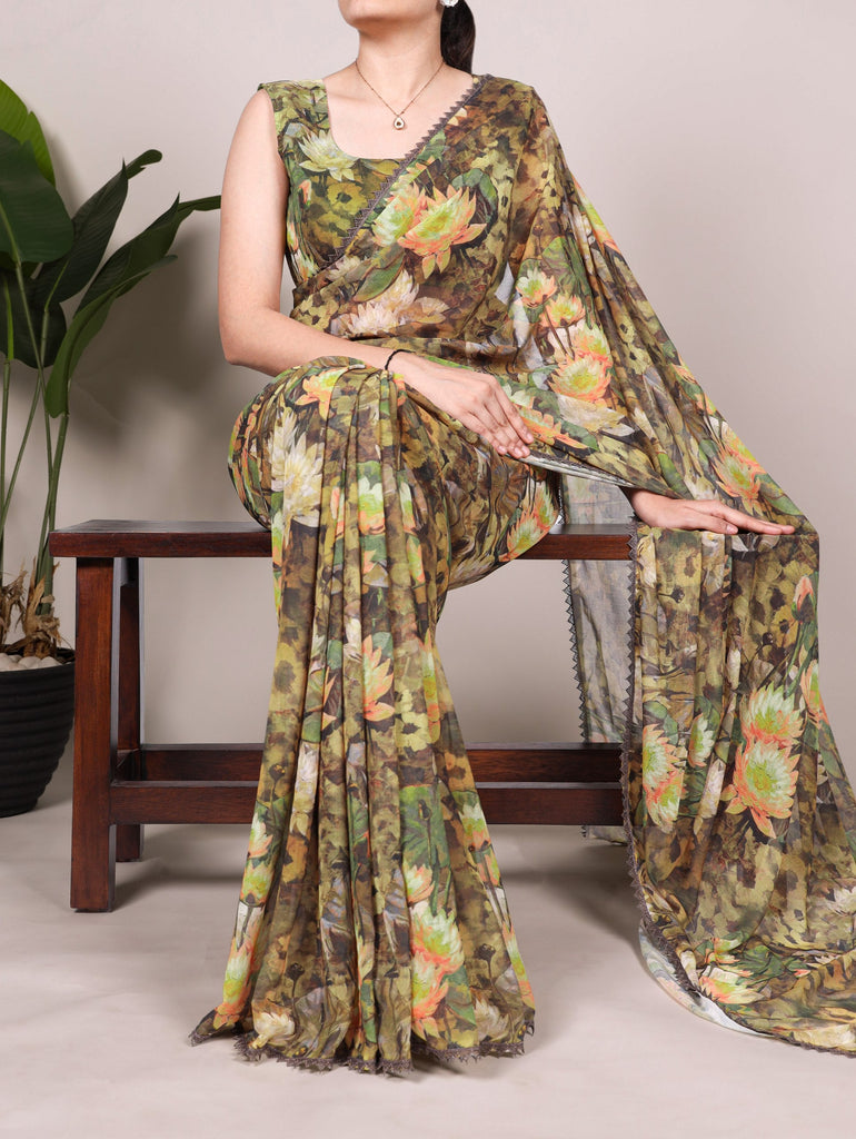 Mehendi Floral Printed Weightless Marble Saree with Lace Border & Matching Blouse ClothsVilla