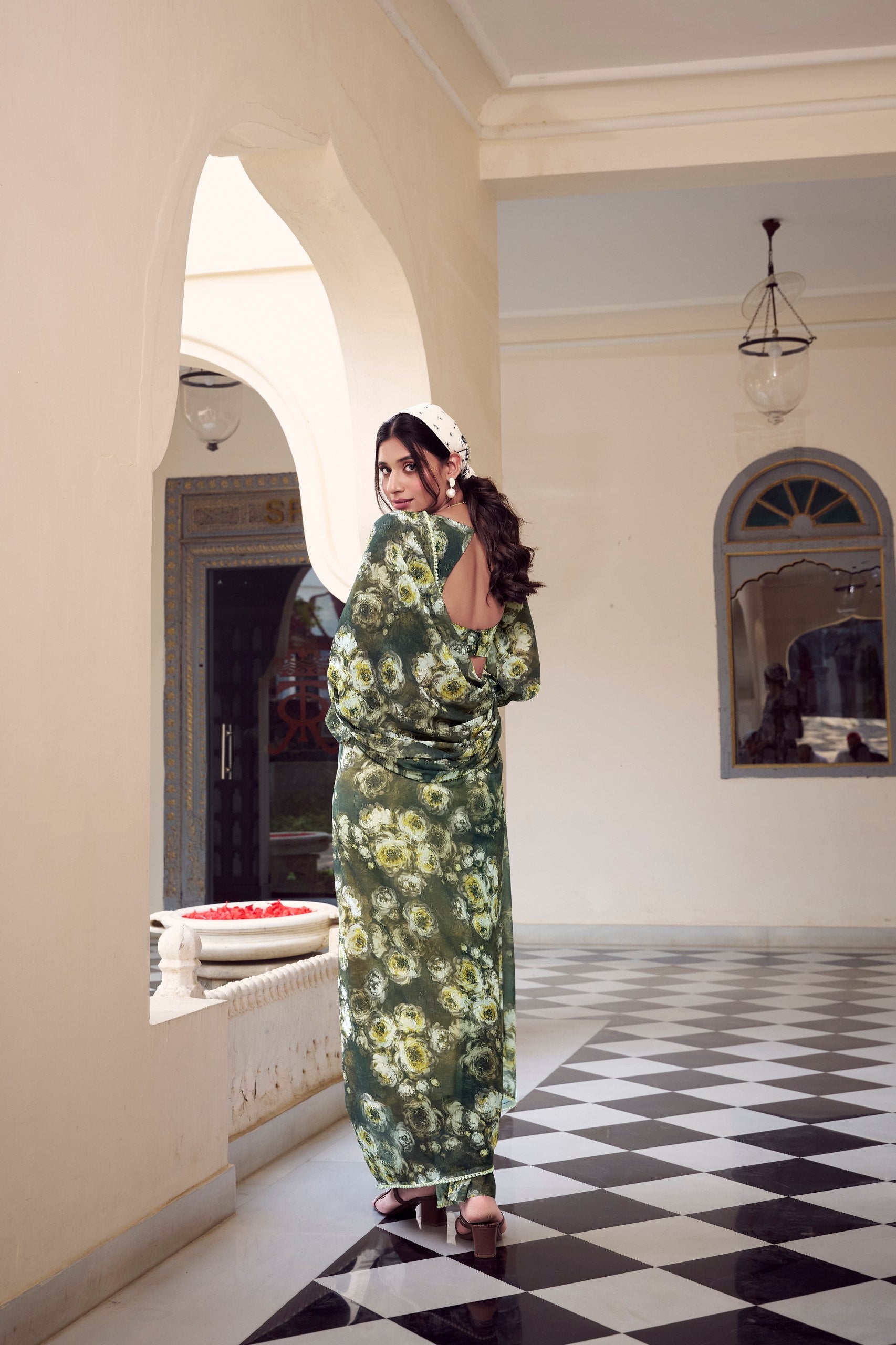 Mehendi Floral Printed Weightless Marble Saree with Pearl Lace Border Clothsvilla