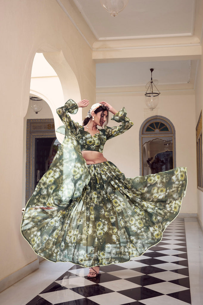 Mehendi Floral Printed Weightless Marble Saree with Pearl Lace Border Clothsvilla