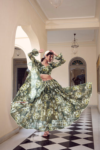 Mehendi Floral Printed Weightless Marble Saree with Pearl Lace Border Clothsvilla