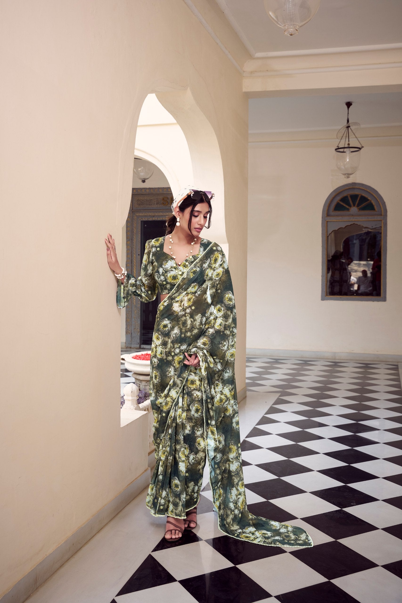 Mehendi Floral Printed Weightless Marble Saree with Pearl Lace Border Clothsvilla Main image