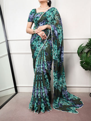 Mehendi Floral Saree with Pearl Lace ClothsVilla