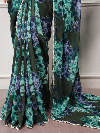 Mehendi Floral Saree with Pearl Lace ClothsVilla