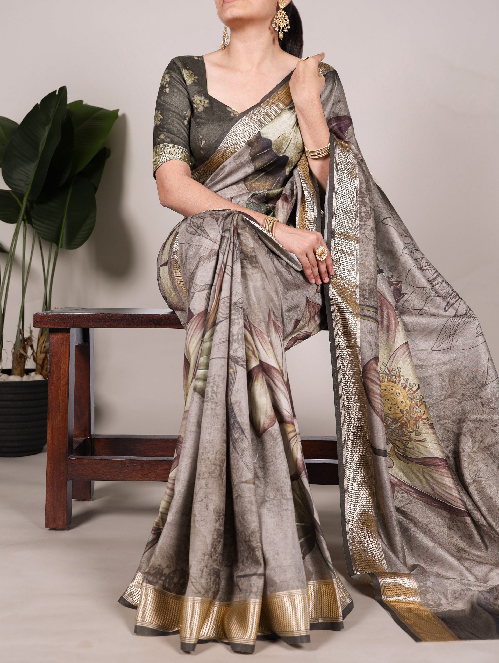 Mehendi Graceful Tussar Silk Printed Saree with Viscose Border ClothsVilla Main image
