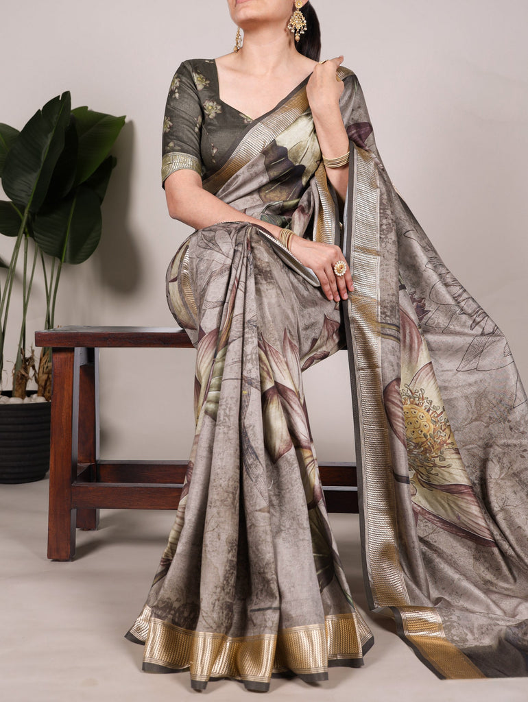 Mehendi Graceful Tussar Silk Printed Saree with Viscose Border ClothsVilla