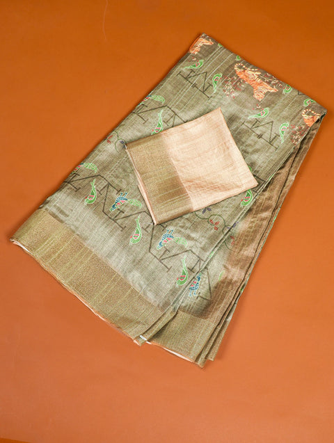 Mehendi Green Color Handloom Kotha Border Digital Printed Saree ClothsVilla Main image
