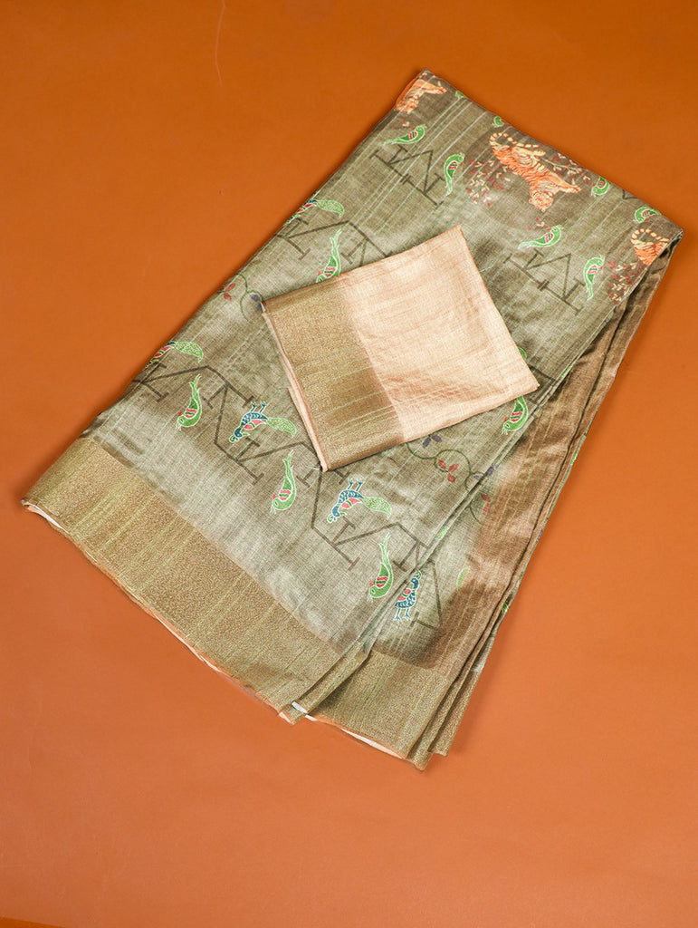 Mehendi Green Color Handloom Kotha Border Digital Printed Saree ClothsVilla
