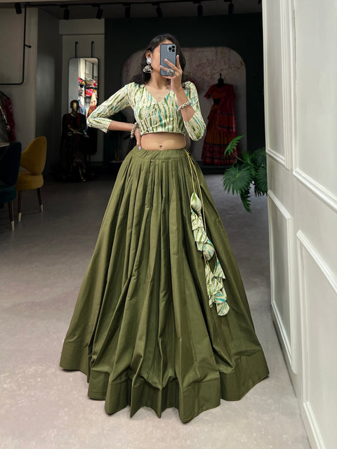 Mehendi Green Cotton Lehenga Co-Ord Set with Shibori Print Blouse ClothsVilla Main image