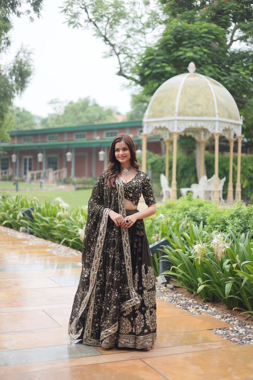 Mehendi Green Designer Lehenga Choli Set with Dupatta – Rangoli Silk & Embroidered Elegance ClothsVilla Main image