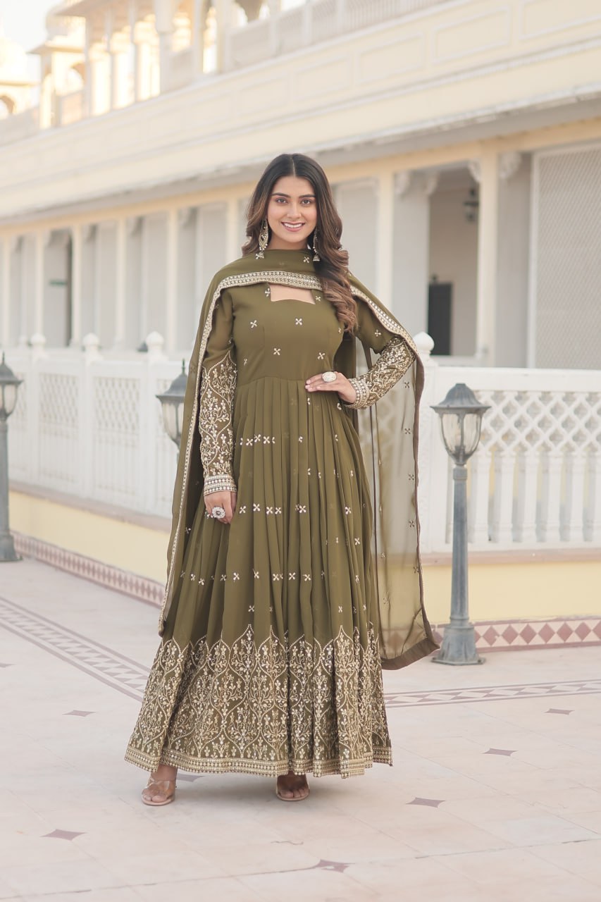 Mehendi Green Enchanting Sequined Faux Georgette Gown with Dupatta Set ClothsVilla Main image