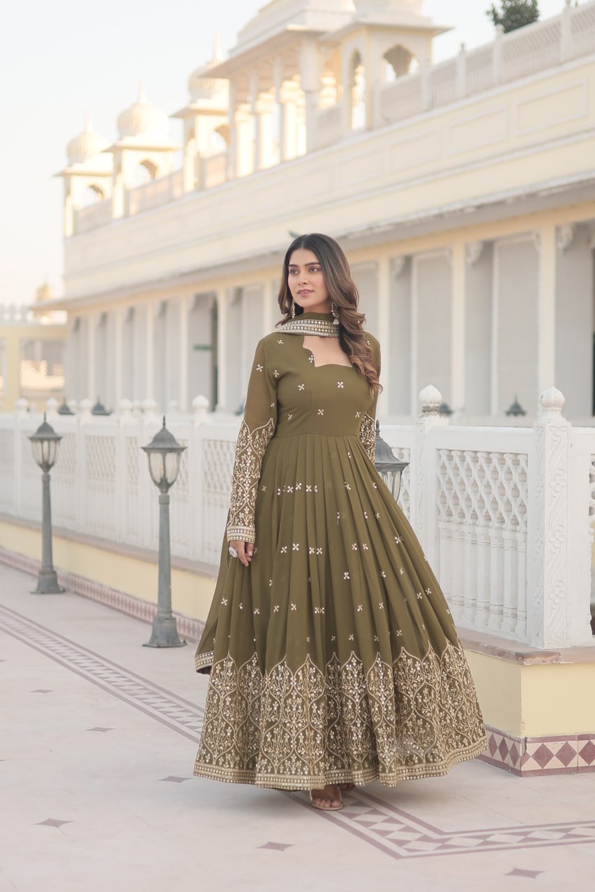 Mehendi Green Enchanting Sequined Faux Georgette Gown with Dupatta Set ClothsVilla