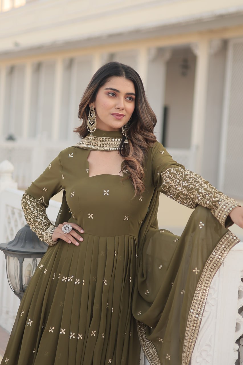 Mehendi Green Enchanting Sequined Faux Georgette Gown with Dupatta Set ClothsVilla
