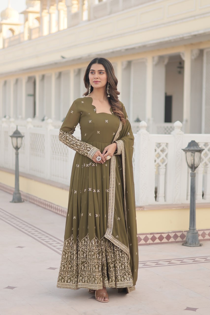 Mehendi Green Enchanting Sequined Faux Georgette Gown with Dupatta Set ClothsVilla