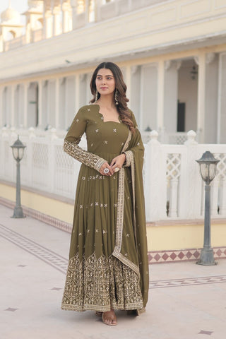 Mehendi Green Enchanting Sequined Faux Georgette Gown with Dupatta Set ClothsVilla