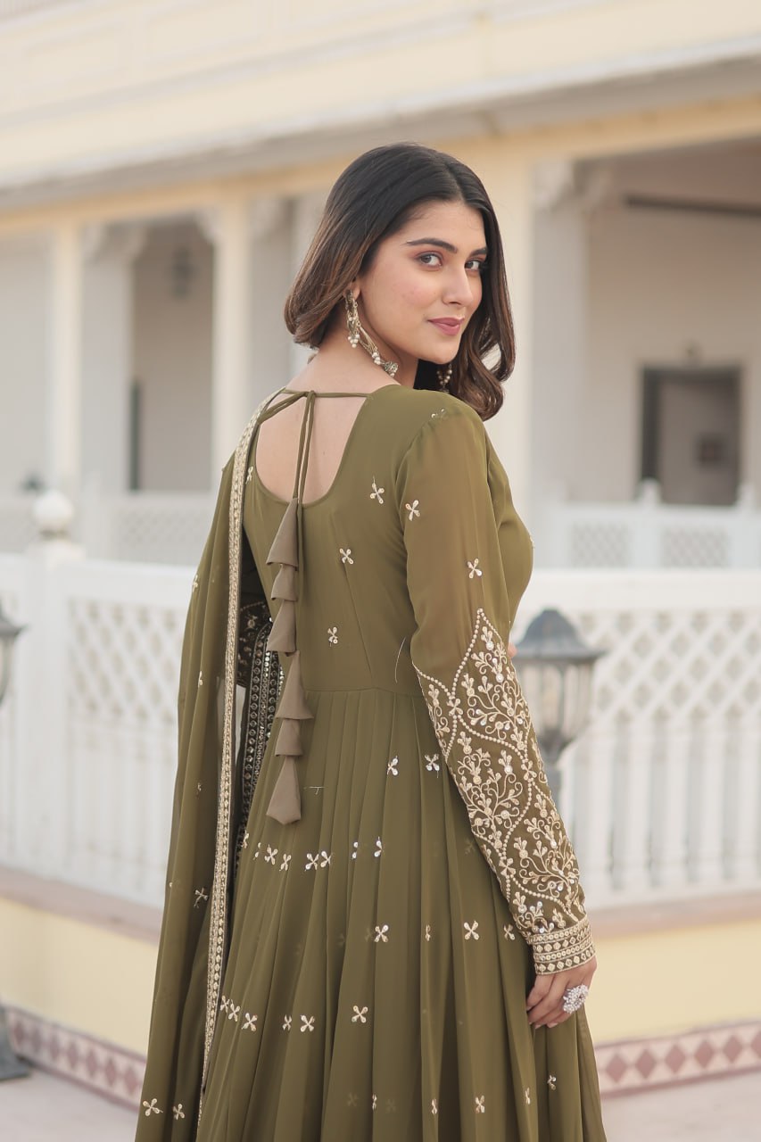 Mehendi Green Enchanting Sequined Faux Georgette Gown with Dupatta Set ClothsVilla