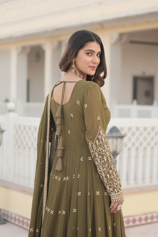 Mehendi Green Enchanting Sequined Faux Georgette Gown with Dupatta Set ClothsVilla