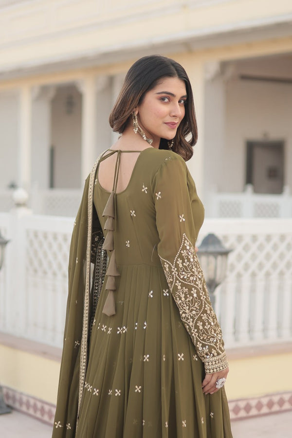 Mehendi Green Enchanting Sequined Faux Georgette Gown with Dupatta Set ClothsVilla