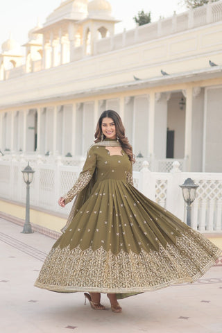 Mehendi Green Enchanting Sequined Faux Georgette Gown with Dupatta Set ClothsVilla