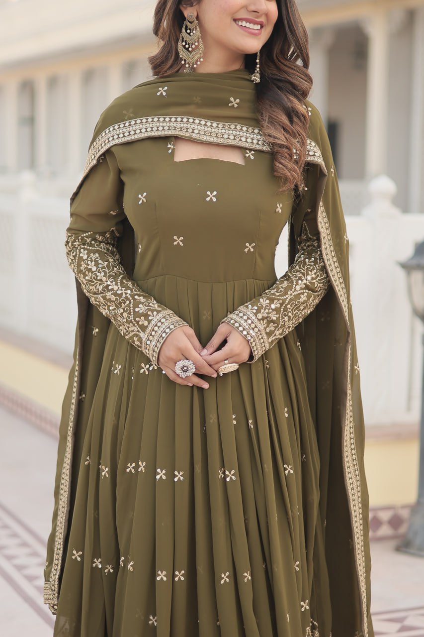 Mehendi Green Enchanting Sequined Faux Georgette Gown with Dupatta Set ClothsVilla