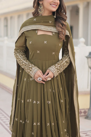 Mehendi Green Enchanting Sequined Faux Georgette Gown with Dupatta Set ClothsVilla