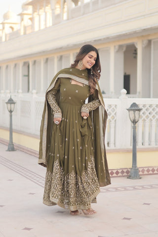 Mehendi Green Enchanting Sequined Faux Georgette Gown with Dupatta Set ClothsVilla