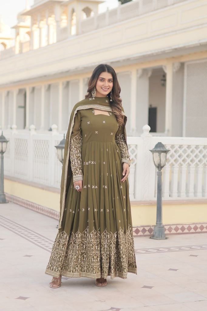 Mehendi Green Enchanting Sequined Faux Georgette Gown with Dupatta Set ClothsVilla