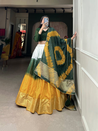 Mehendi Green Handcrafted Shibori Print Lehenga Choli with Zari Border ClothsVilla
