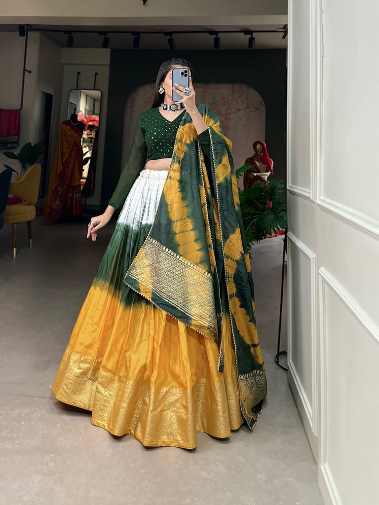 Fully Stitched Green Yellow Orange Banarasi Silk Lehenga Choli Dupatta –  Zenia Creations