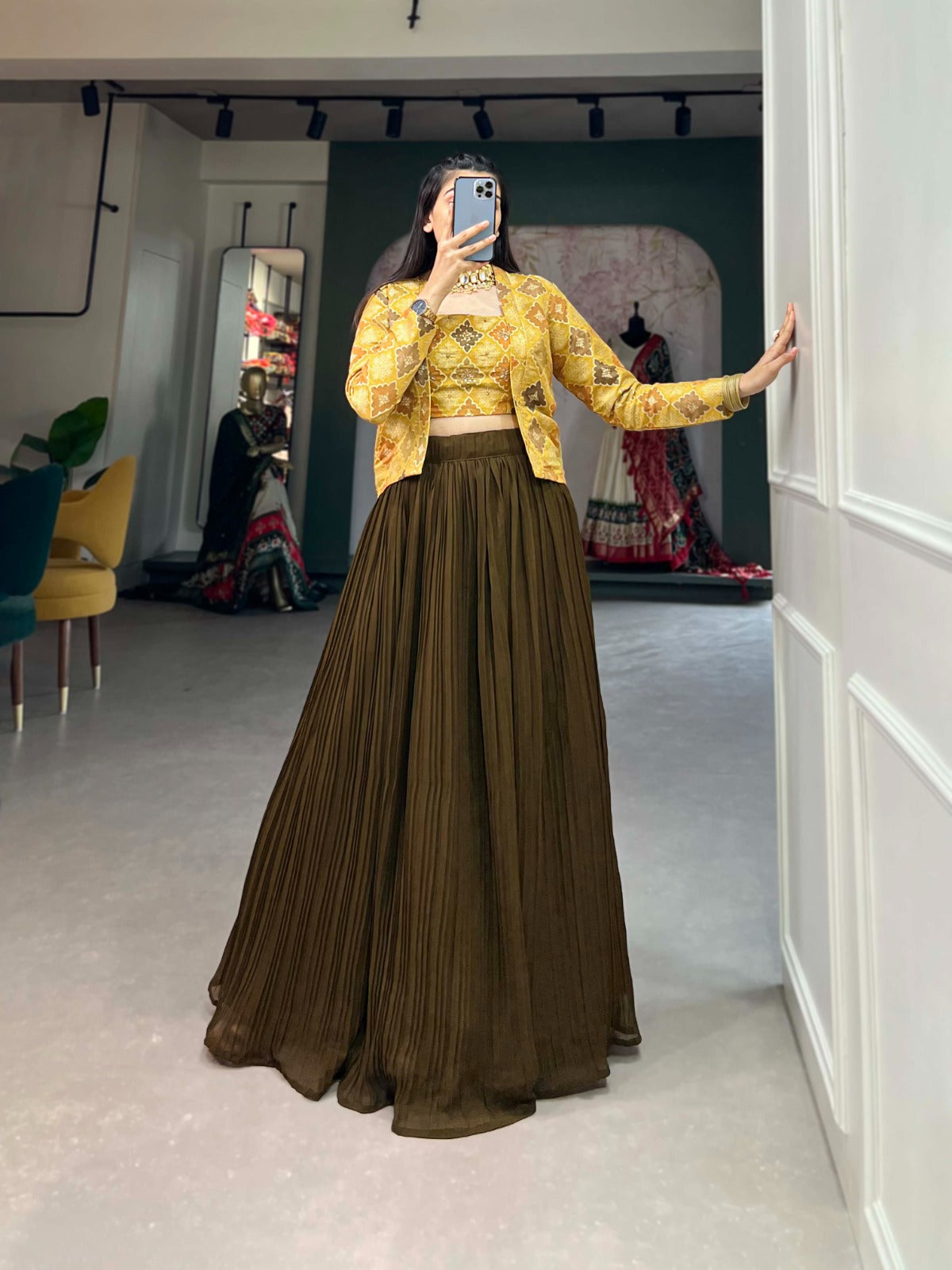 Luxe Viscose Mehendi Green Jacquard Co-ord Set with Handwork & Position Print ClothsVilla