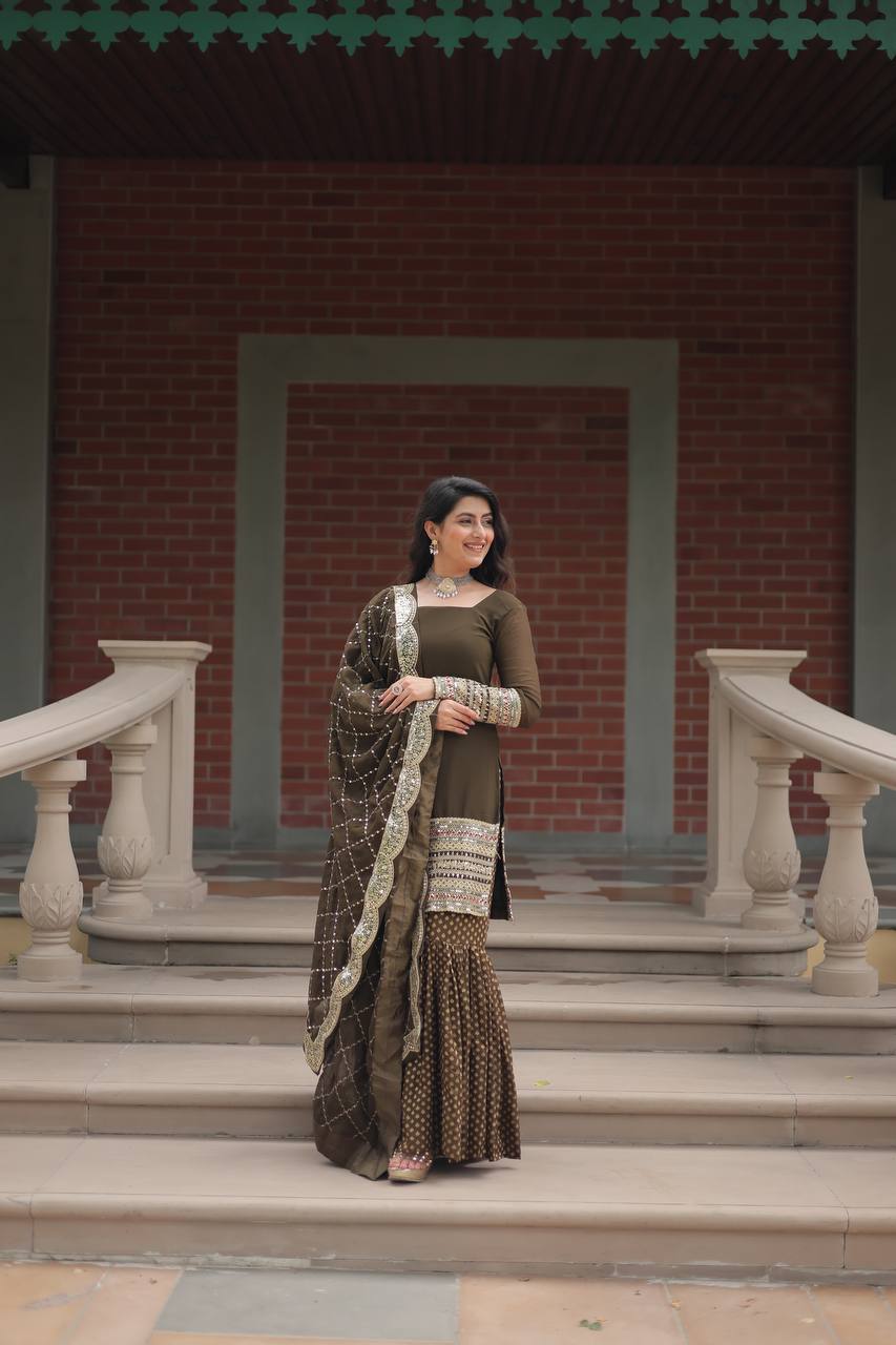 Mehendi Green Premium Designer Readymade Top-Sharara-Dupatta Collection ClothsVilla Main image