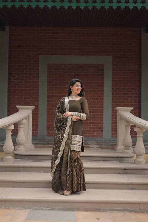 Mehendi Green Premium Designer Readymade Top-Sharara-Dupatta Collection ClothsVilla Main image