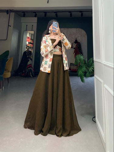 Mehendi Green Printed Georgette Palazzo Set with Jacquard Shrug ClothsVilla