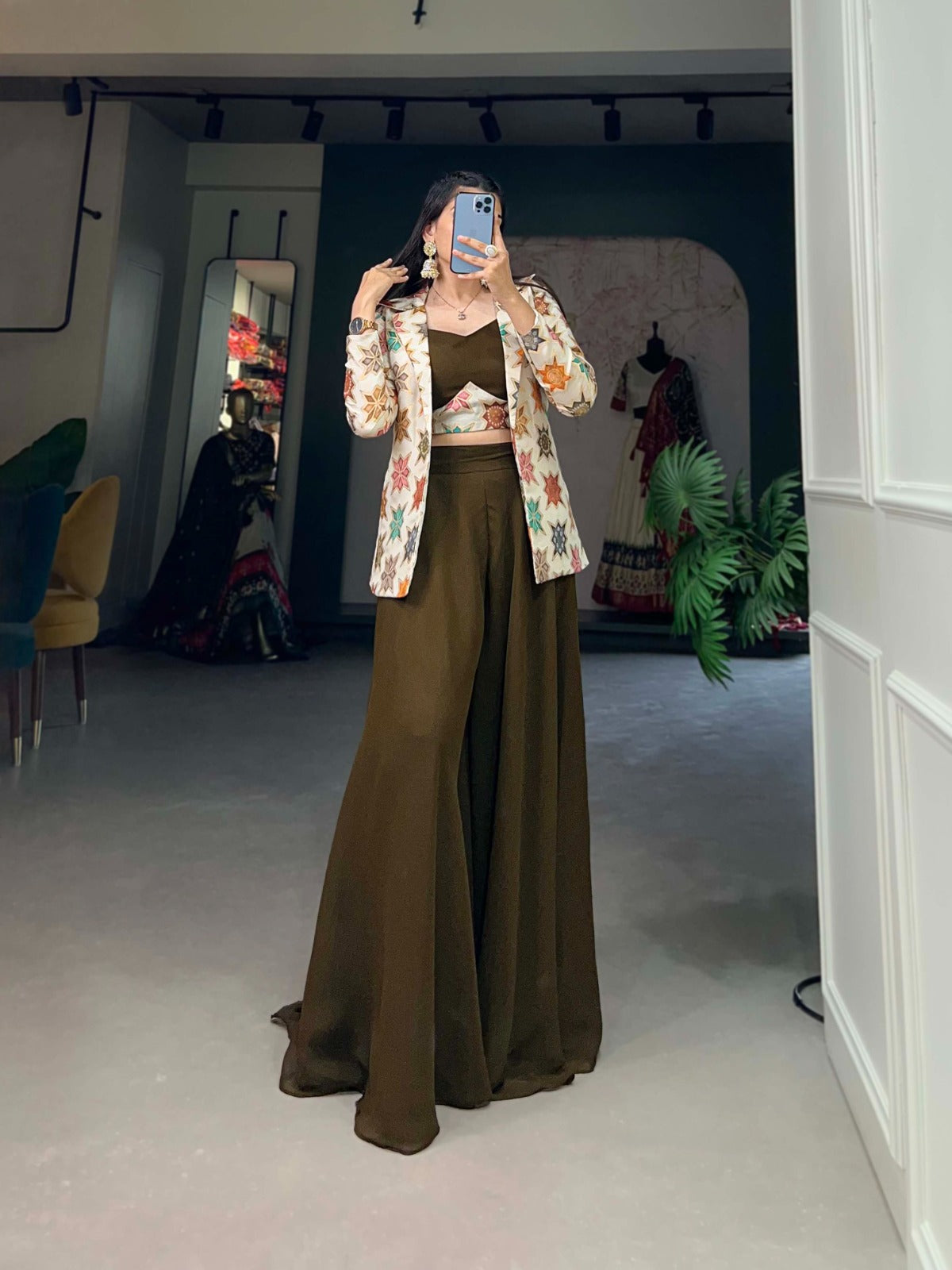 Mehendi Green Printed Georgette Palazzo Set with Jacquard Shrug ClothsVilla